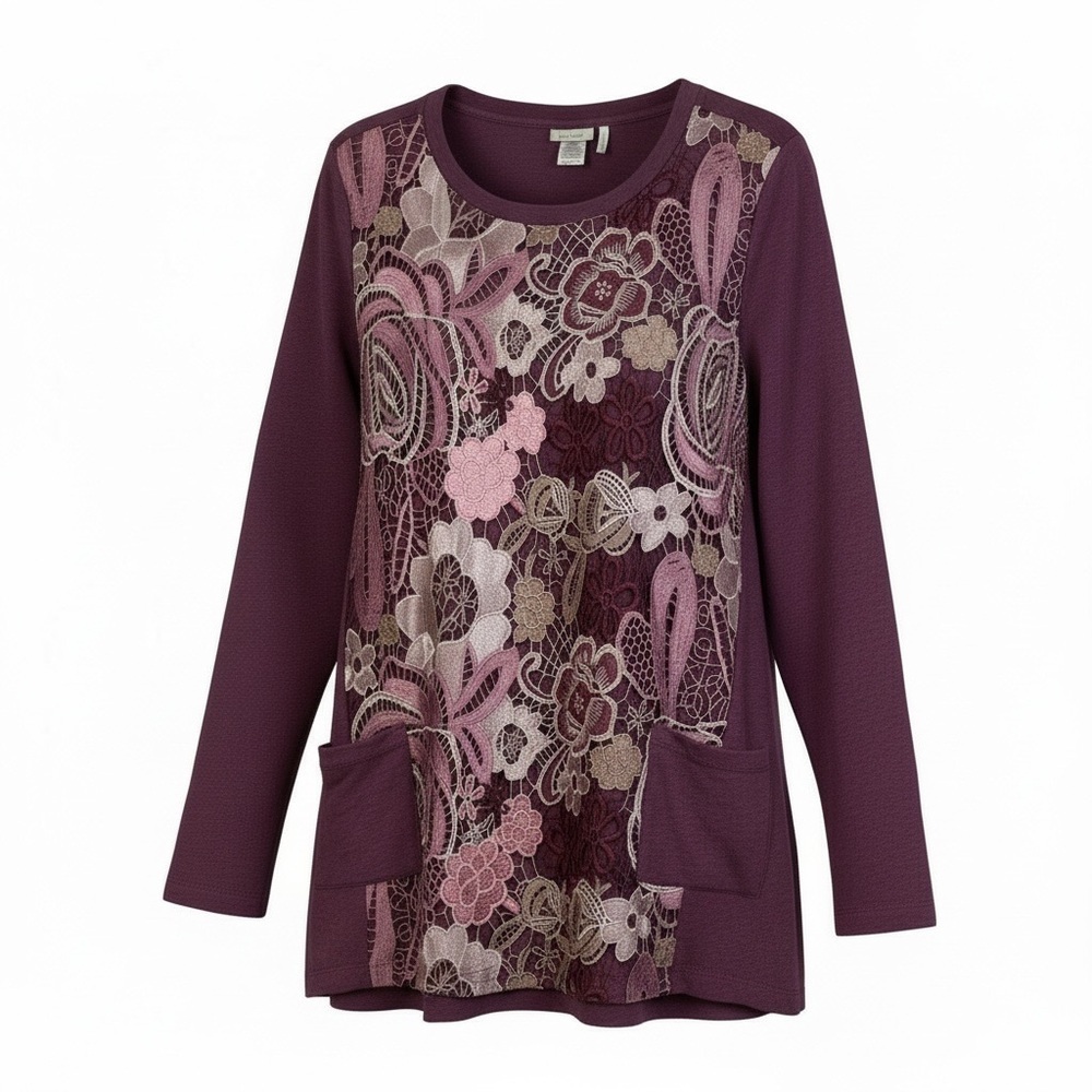 LOGO Lounge Long Sleeve Sweatshirt Floral Crochet Design Women's Size L